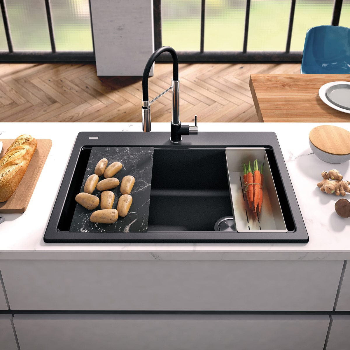 Chiuveta bucatarie granit CookingAid Cube ON3322 Workstation Neagra + accesorii montaj, 838x559x244 cm