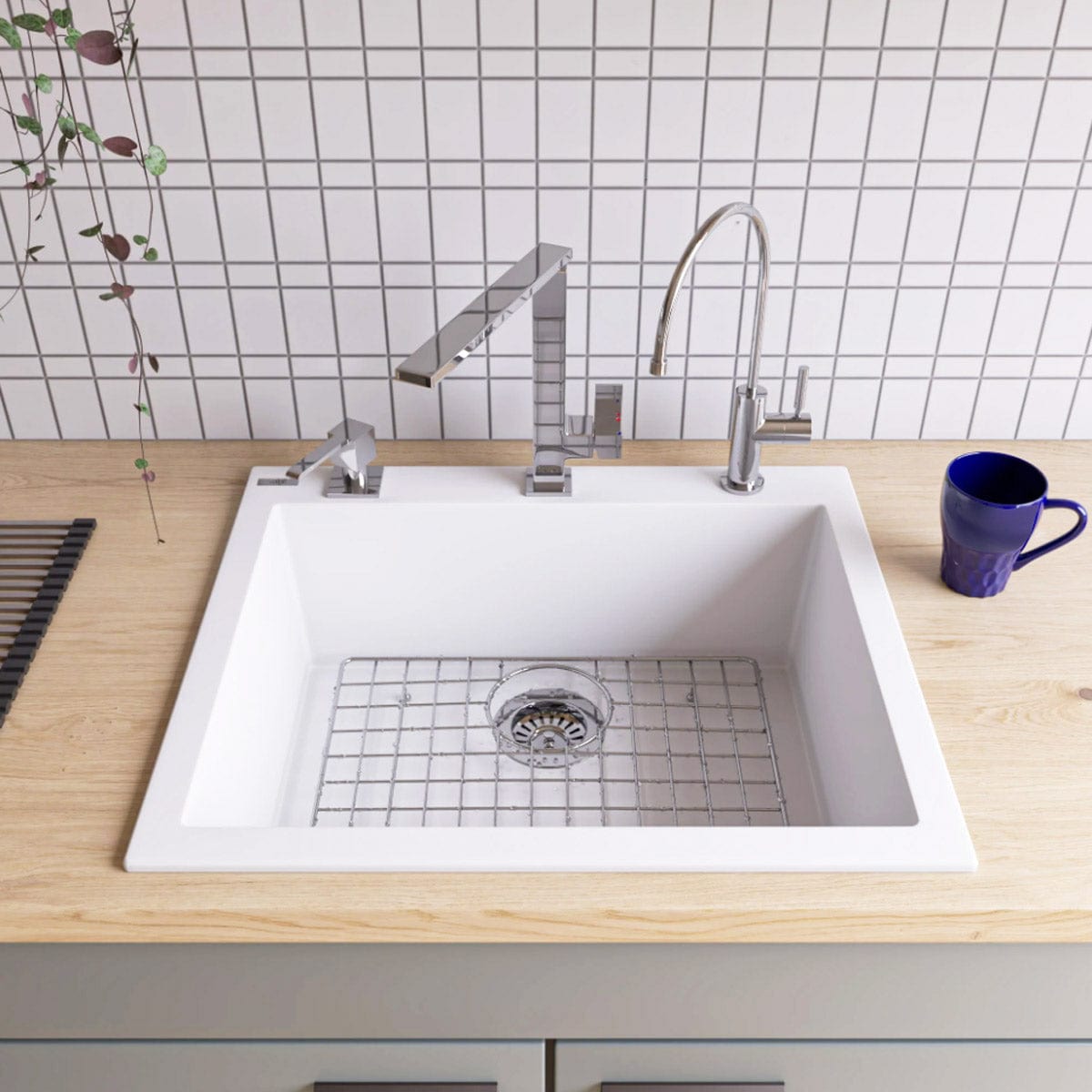 Chiuveta bucatarie granit CookingAid Cube ON6010 Alba / Polar White + accesorii montaj, 600x510x200 mm
