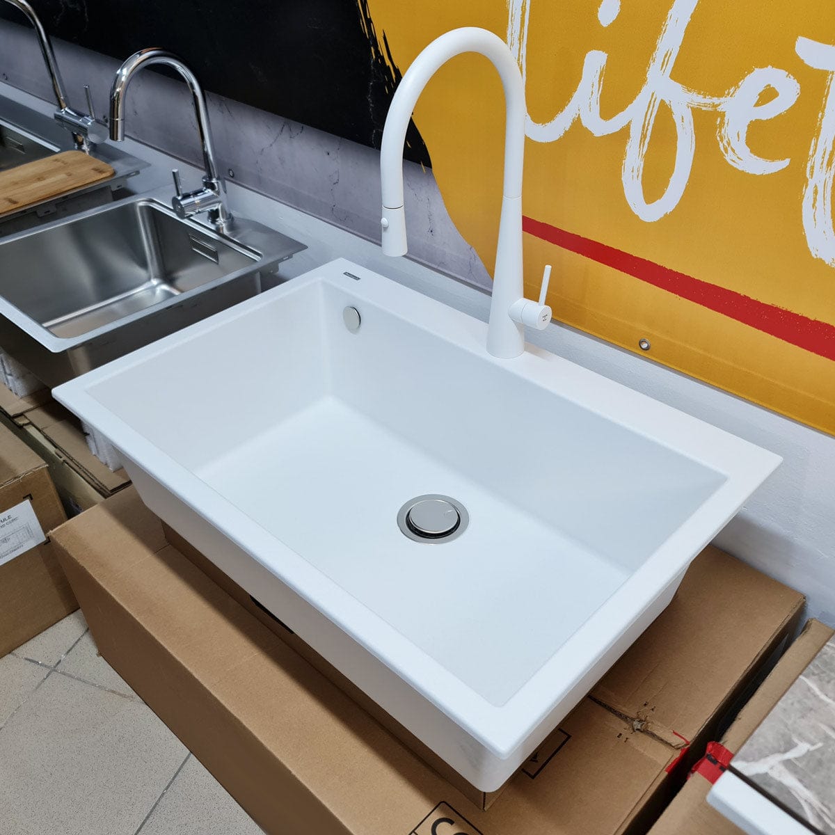 Chiuveta bucatarie granit CookingAid Cube ON8410 Alba / Polar White + accesorii montaj, 838x559x250 mm