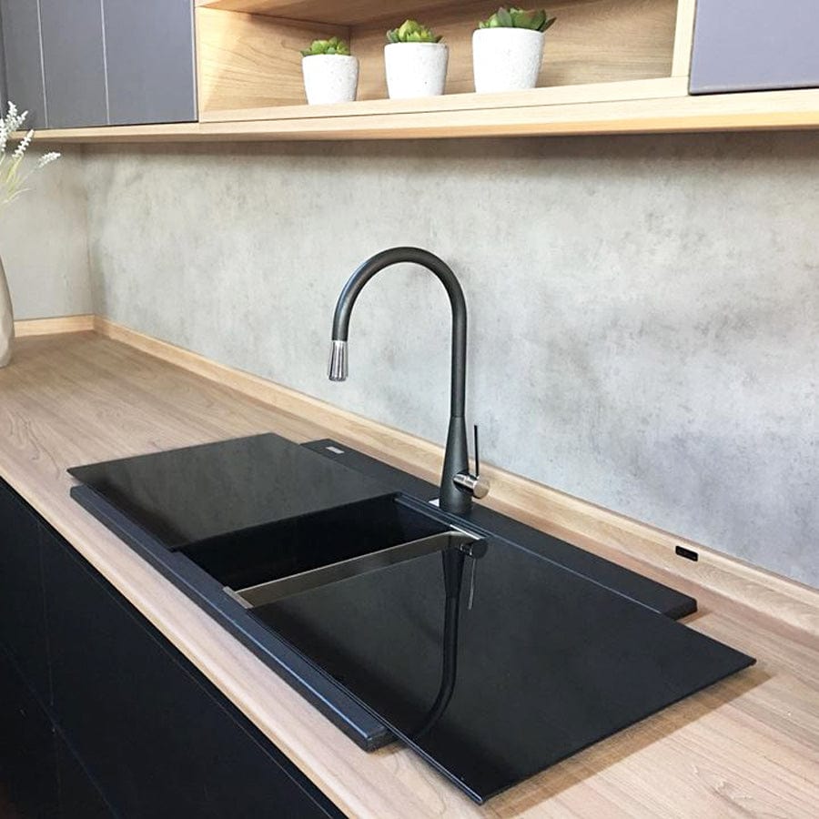 Chiuveta bucatarie granit dubla cu 2 cuve, 2 tocatoare, Neagra + accesorii montaj, 860x510x235 mm  cod: 6001