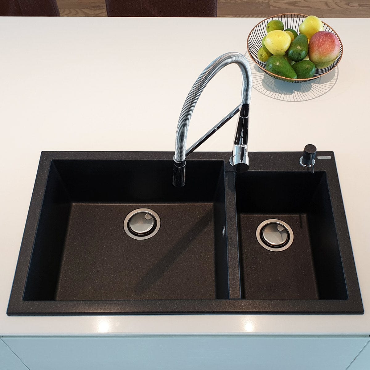 Chiuveta bucatarie granit dubla cu 2 cuve Neagra / Black Metal quartz + accesorii montaj, 860x500x200 mm, cod 6064