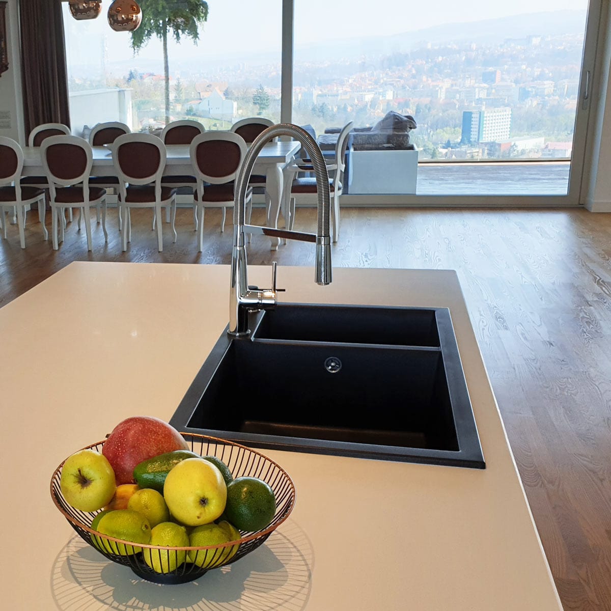 Chiuveta bucatarie granit dubla cu 2 cuve Neagra / Black Metal quartz + accesorii montaj, 860x500x200 mm, cod 6064