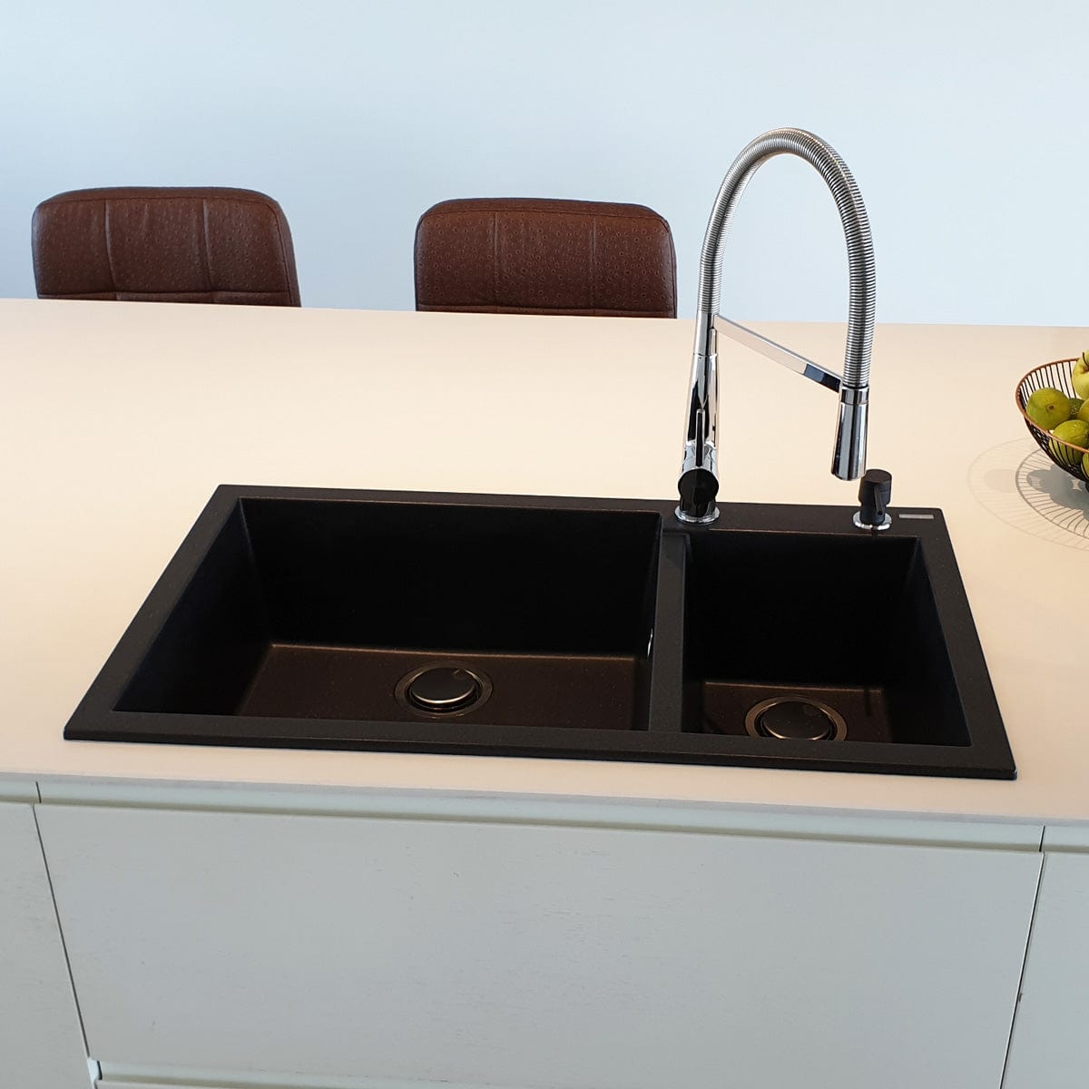 Chiuveta bucatarie granit dubla cu 2 cuve Neagra / Black Metal quartz + accesorii montaj, 860x500x200 mm, cod 6064