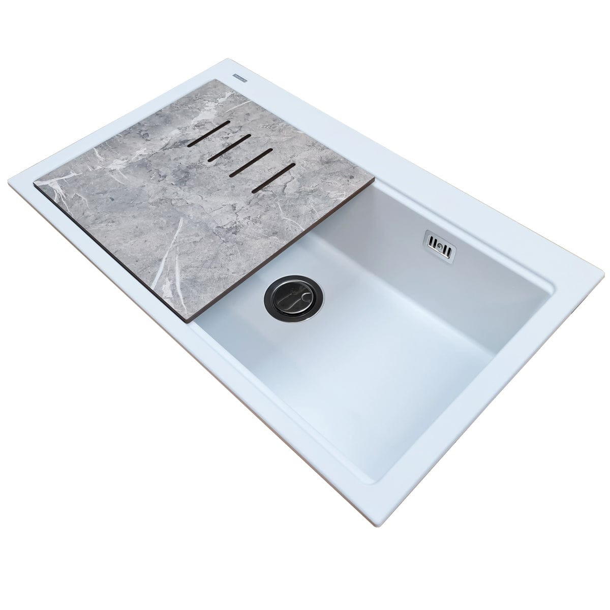 Chiuveta bucatarie granit Kinga Workstation Alba/ Polar White + accesorii montaj, 860x510x225 mm, cod 6050
