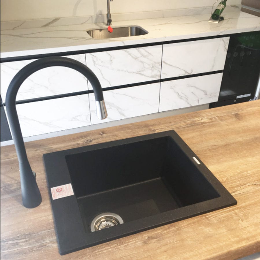 Chiuveta bucatarie granit Neagra / Black Metal quartz + accesorii montaj, 410x505x200 mm, cod 6056