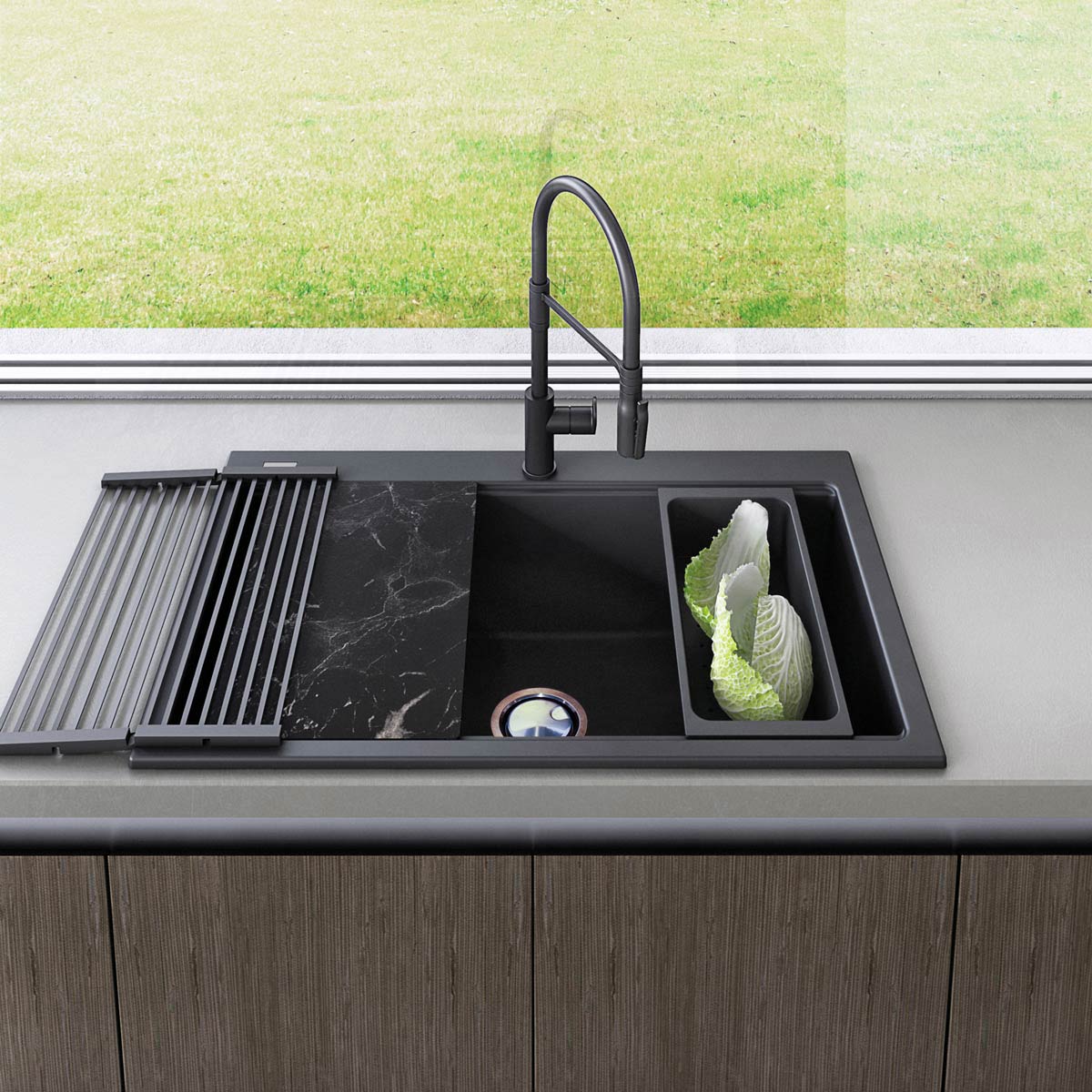 Chiuveta bucatarie granit Neagra / Black Metal quartz + accesorii montaj, 860x510x225 mm, cod 6038