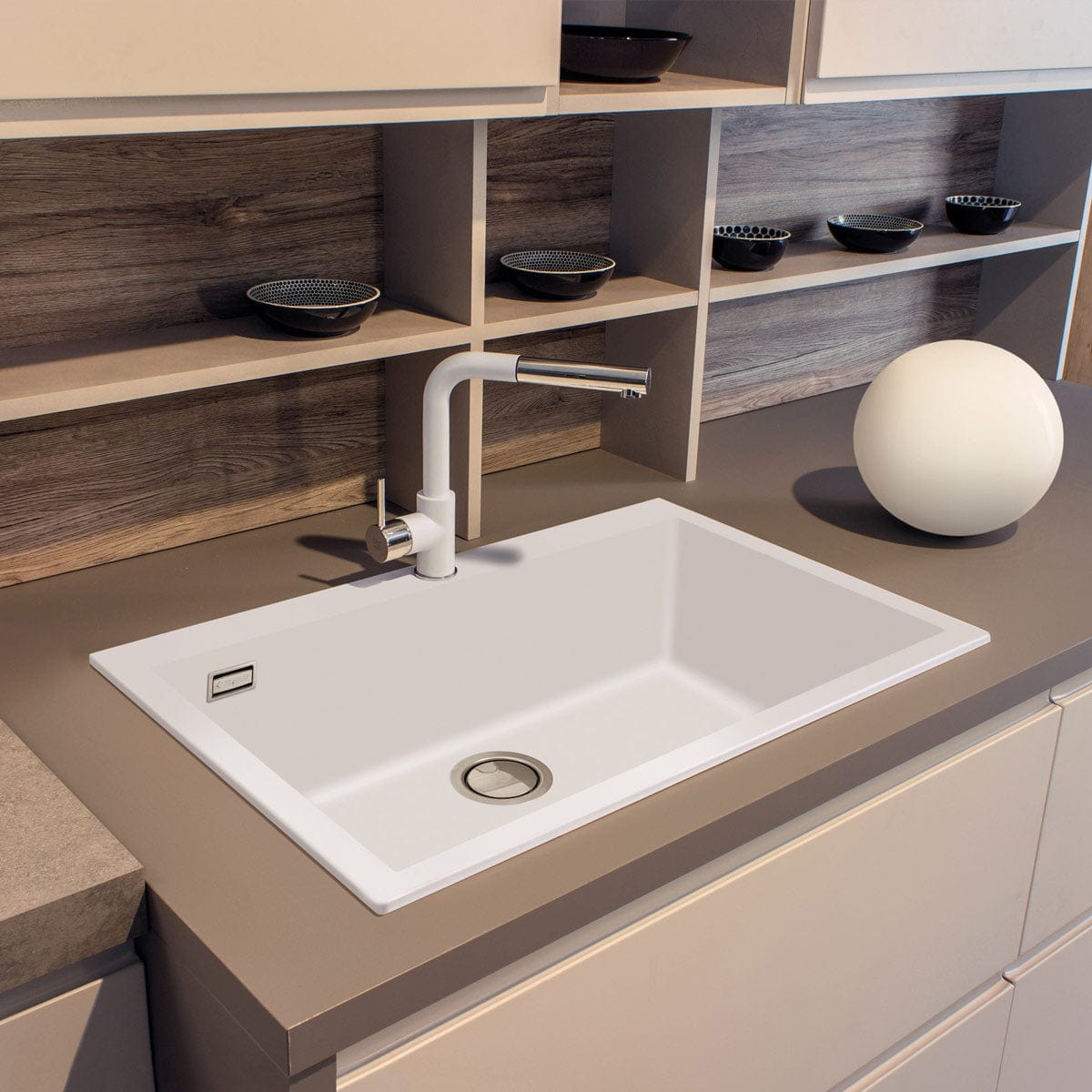 Chiuveta bucatarie granit Polar White + accesorii montaj, 760x500x200 mm, cod 6012