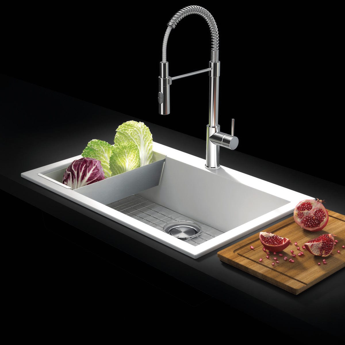 Chiuveta bucatarie granit Polar White + accesorii montaj, 760x500x200 mm, cod 6012
