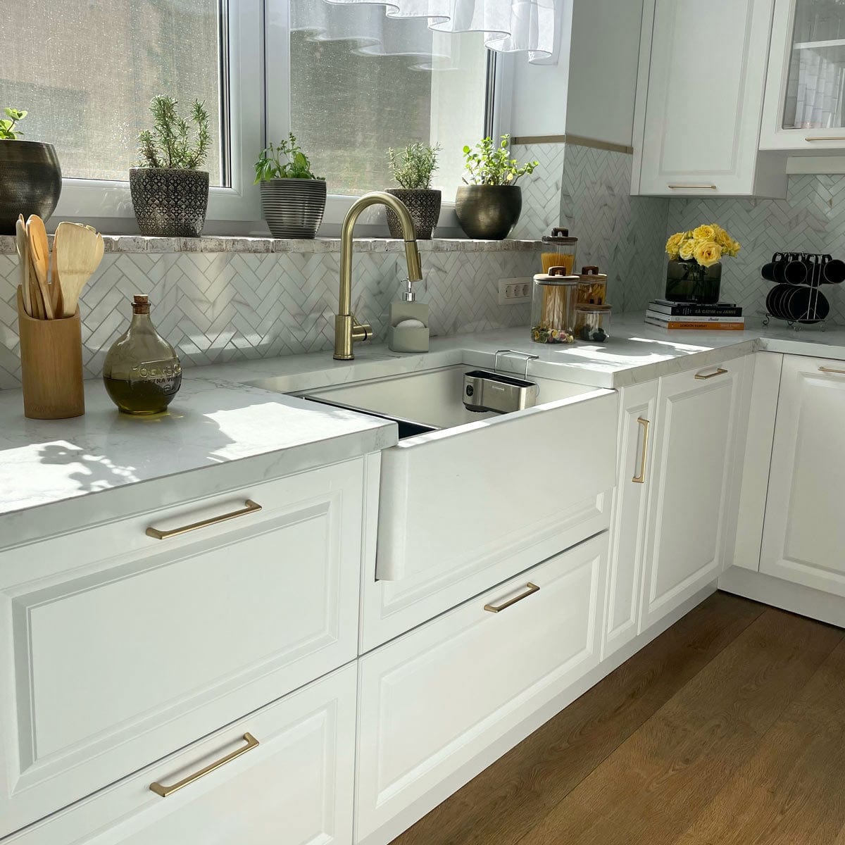 Chiuveta bucatarie granit reversibila Polar White + accesorii montaj, 838x520x240 mm, cod 6011