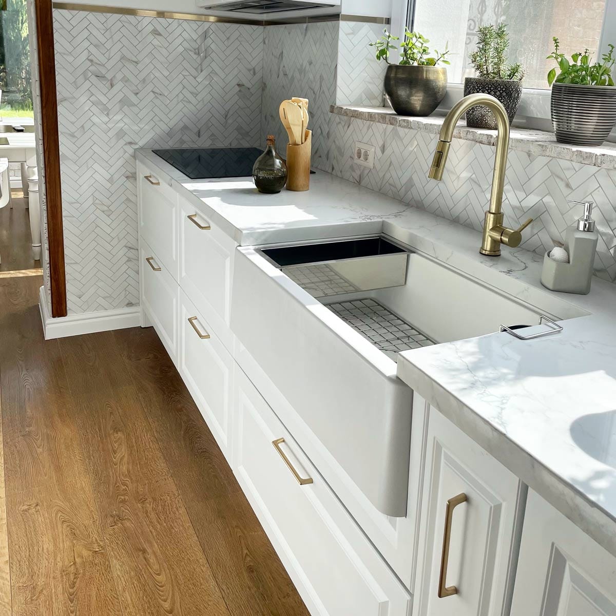 Chiuveta bucatarie granit reversibila Polar White + accesorii montaj, 838x520x240 mm, cod 6011