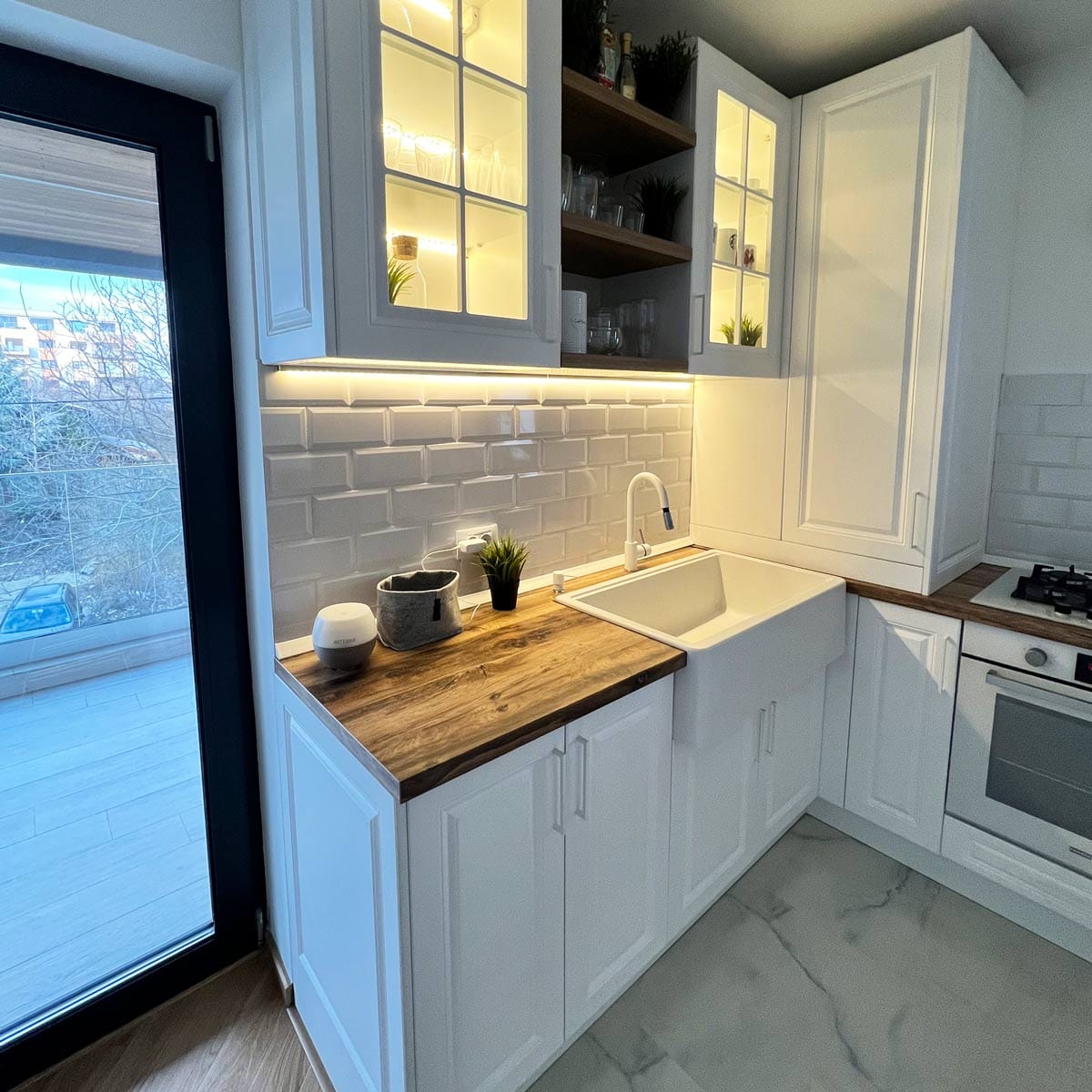 Chiuveta bucatarie granit reversibila Polar White + accesorii montaj, 838x520x240 mm, cod 6011