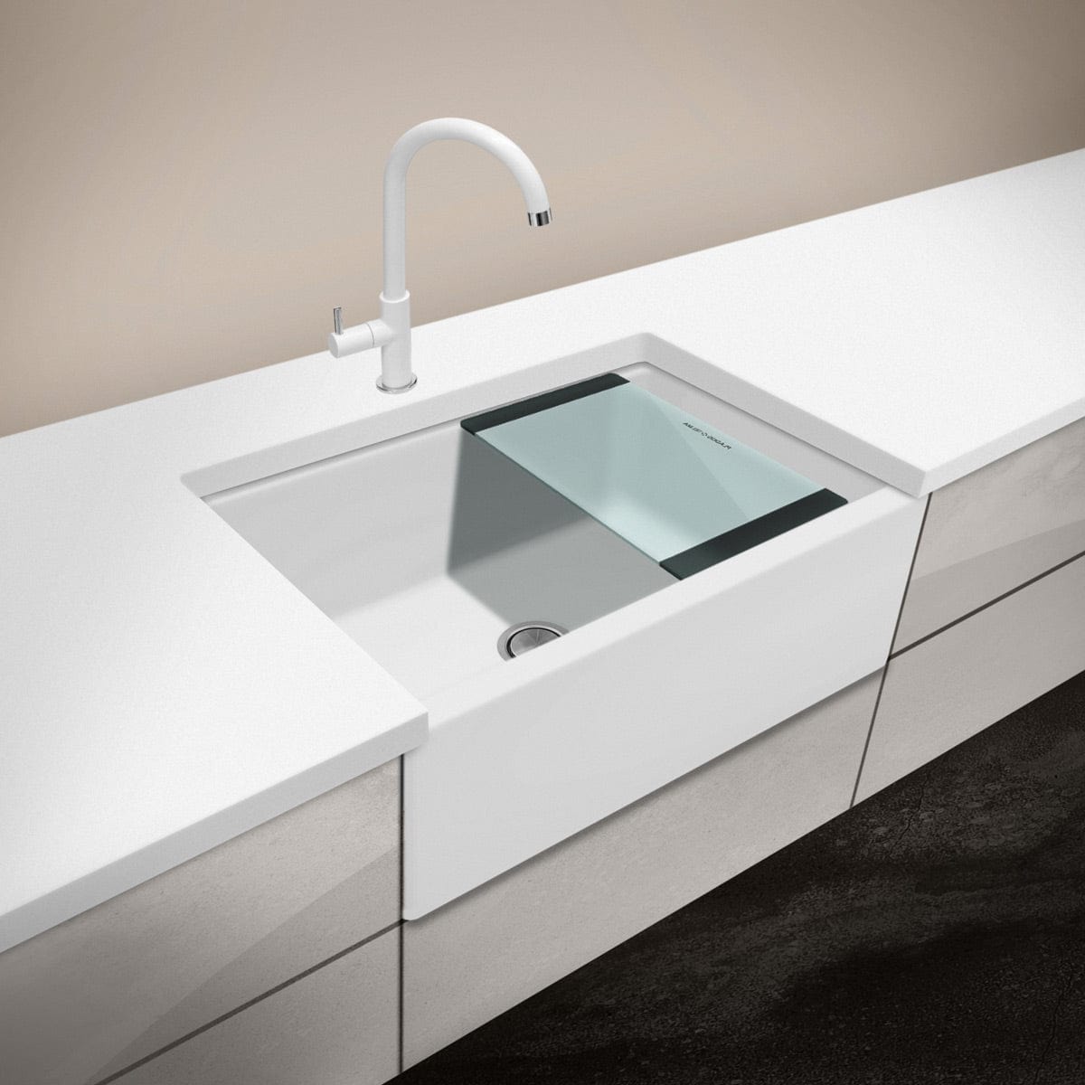 Chiuveta bucatarie granit reversibila Polar White + accesorii montaj, 838x520x240 mm, cod 6011