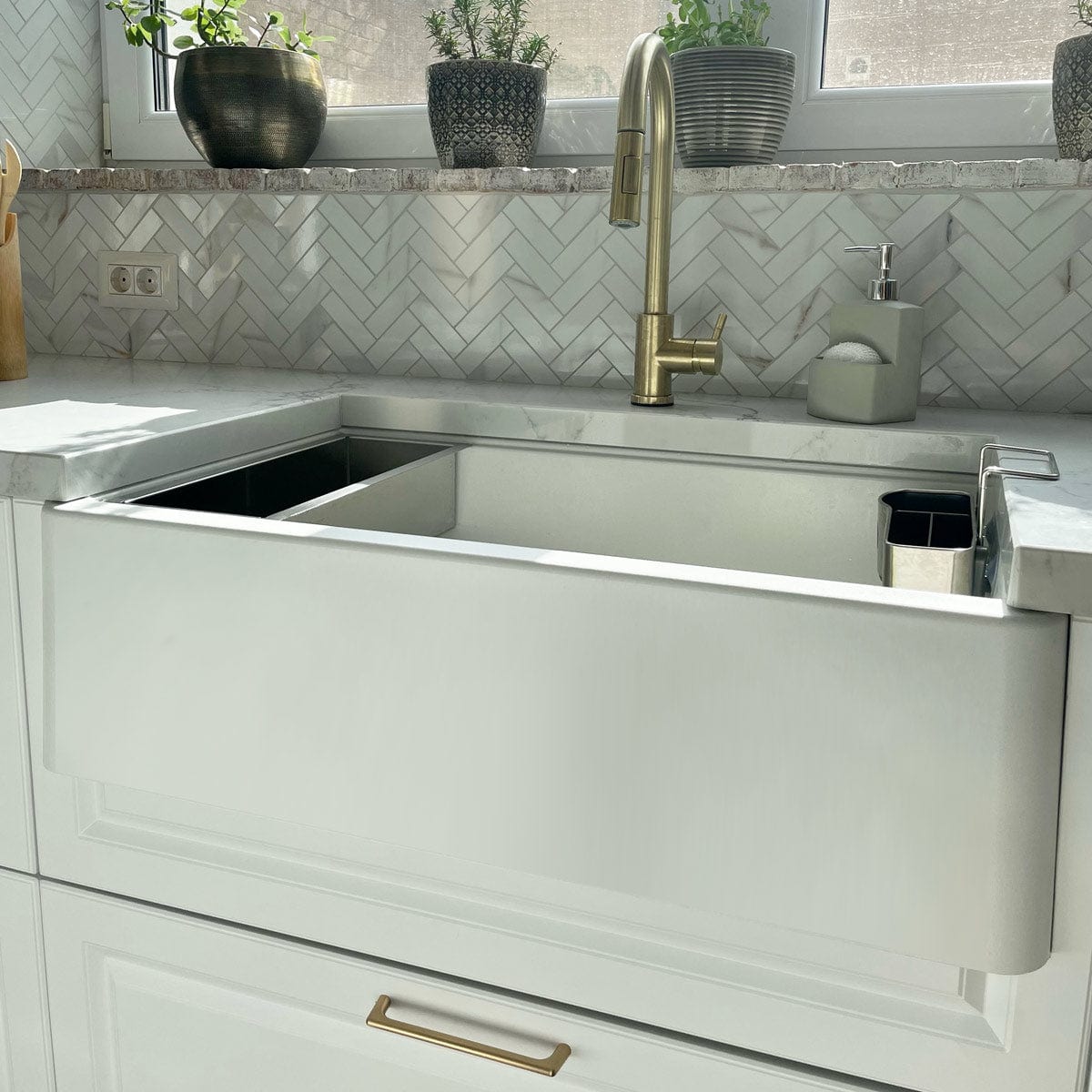 Chiuveta bucatarie granit reversibila Polar White + accesorii montaj, 838x520x240 mm, cod 6011