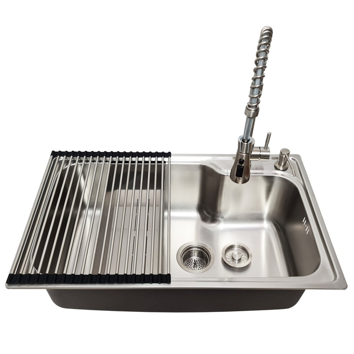 Chiuveta bucatarie inox CookingAid ATHENA XL cu dozator detergent, scurgator, gratar rulabil inox + accesorii montaj, 750x450x215mm