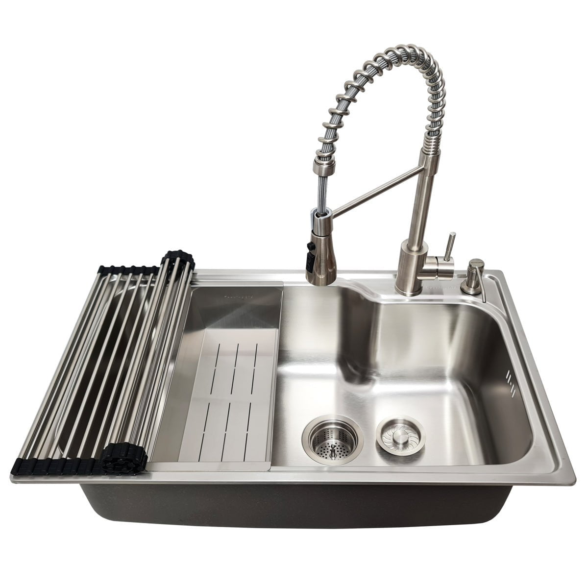 Chiuveta bucatarie inox CookingAid ATHENA XL cu dozator detergent, scurgator, gratar rulabil inox + accesorii montaj, 750x450x215mm