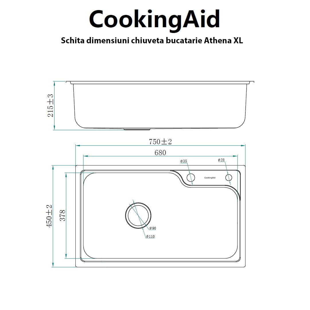 Chiuveta bucatarie inox CookingAid ATHENA XL cu dozator detergent, scurgator, gratar rulabil inox + accesorii montaj, 750x450x215mm