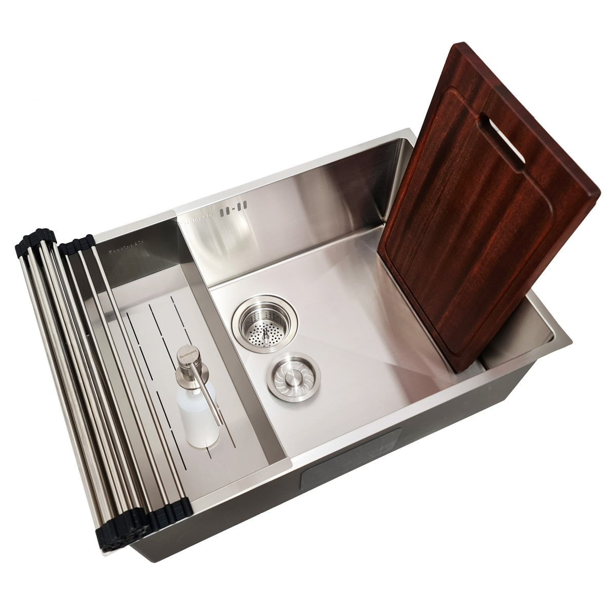 Chiuveta bucatarie inox CookingAid Hera Standard cu dozator detergent, scurgator tavita, gratar rulabil inox si tocator lemn+accesorii montaj, 630x430x230mm