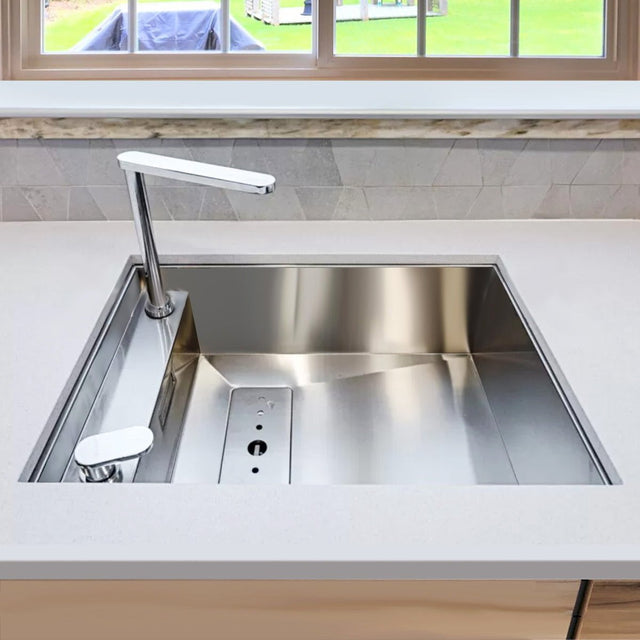 Chiuveta bucatarie inox CookingAid INVISIBLE 50R cu baterie telescopica integrata, capac scurgere invizibil + accesorii montaj, 627x447x200mm