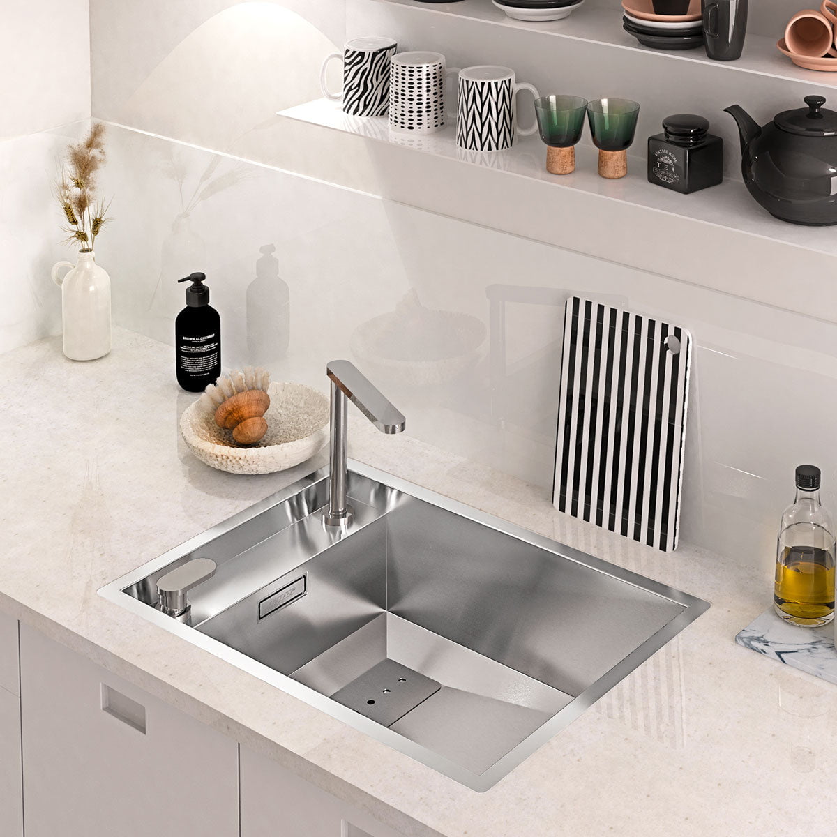 Chiuveta bucatarie inox CookingAid INVISIBLE 50R cu baterie telescopica integrata, capac scurgere invizibil + accesorii montaj, 627x447x200mm