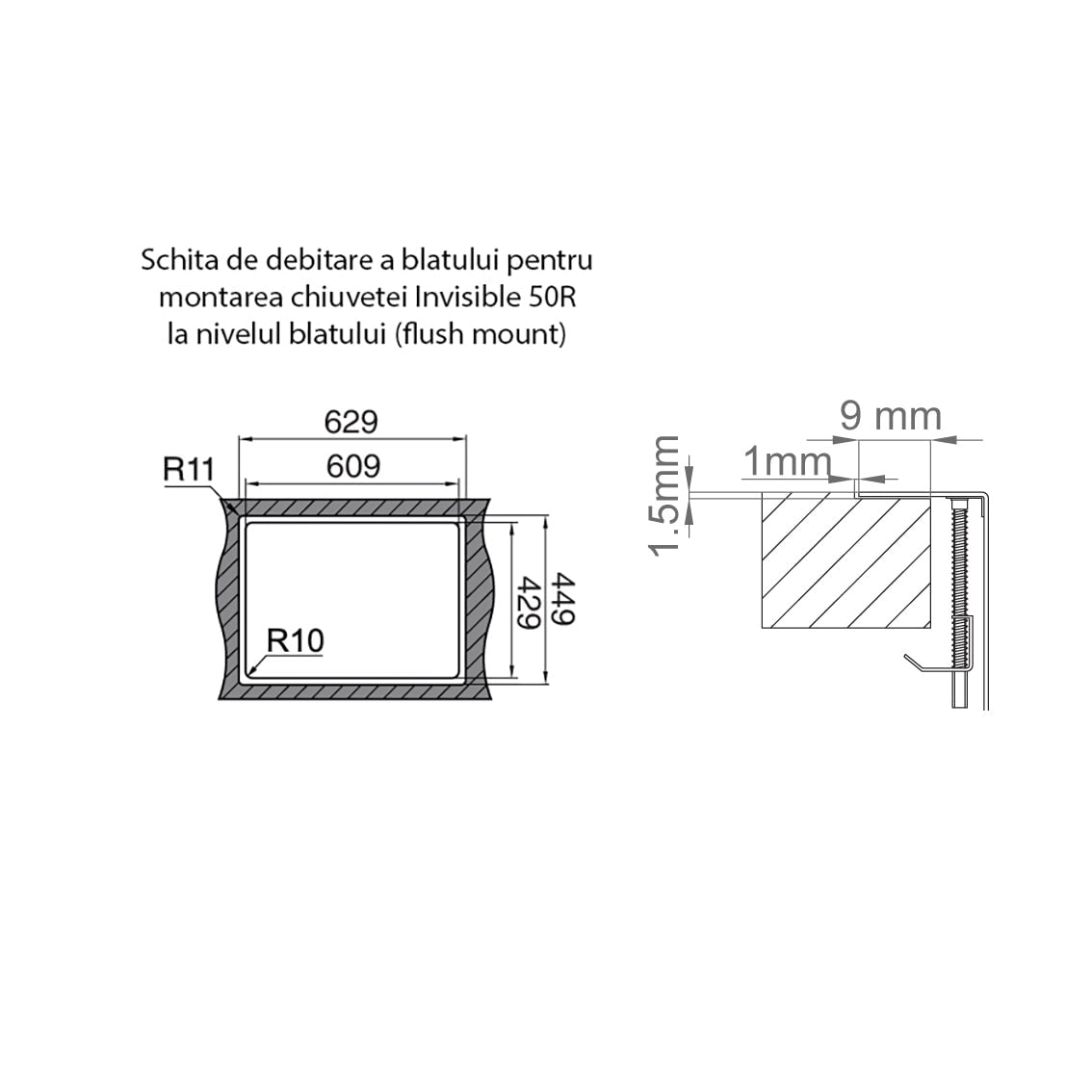 Chiuveta bucatarie inox CookingAid INVISIBLE 50R cu baterie telescopica integrata, capac scurgere invizibil + accesorii montaj, 627x447x200mm