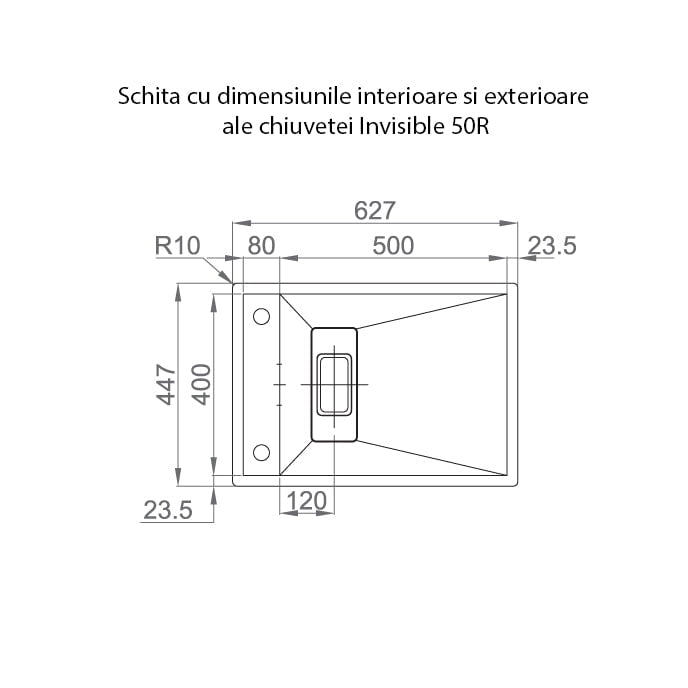 Chiuveta bucatarie inox CookingAid INVISIBLE 50R cu baterie telescopica integrata, capac scurgere invizibil + accesorii montaj, 627x447x200mm