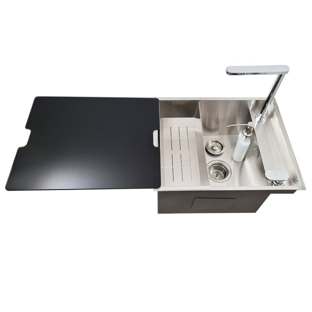 Chiuveta bucatarie inox CookingAid INVISIBLE DEEP cu baterie telescopica integrata, scurgator, tocator sticla temperizata, dozator detergent + accesorii montaj, 510x430x254mm