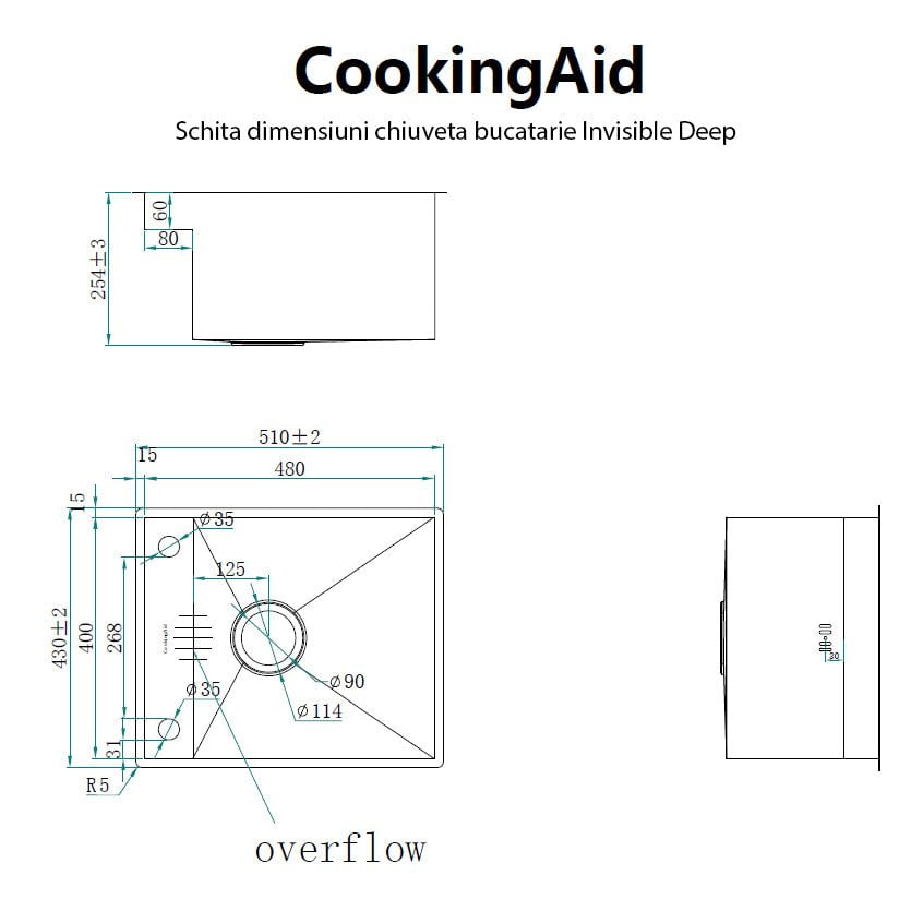 Chiuveta bucatarie inox CookingAid INVISIBLE DEEP cu baterie telescopica integrata, scurgator, tocator sticla temperizata, dozator detergent + accesorii montaj, 510x430x254mm