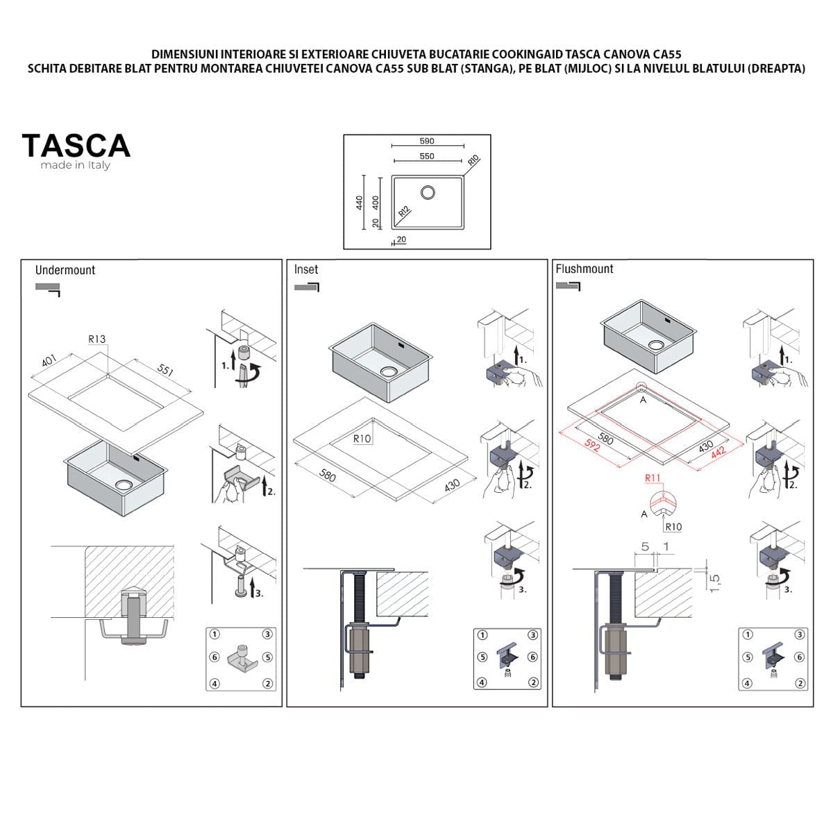 Chiuveta bucatarie inox CookingAid TASCA CANOVA CA55 cu montaj pe blat, sub blat sau la nivelul blatului+ accesorii montaj, 590x440x200mm