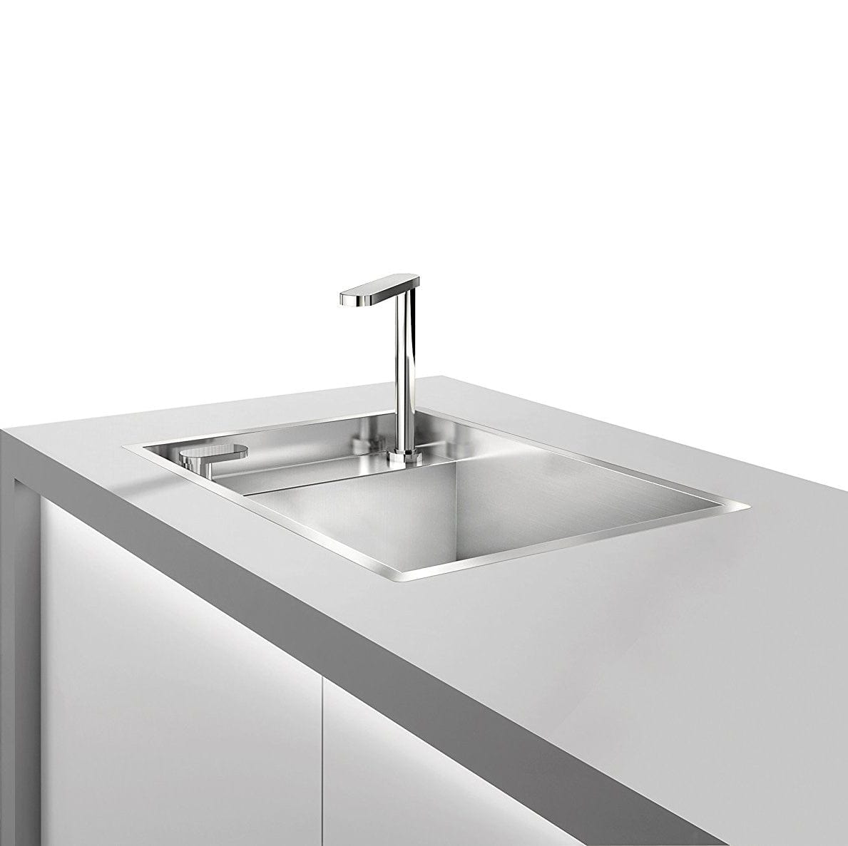 Chiuveta bucatarie inox cu baterie telescopica integrata, capac scurgere invizibil, tocator sticla temperizata + accesorii montaj, 527x447x200 mm, cod: 6006