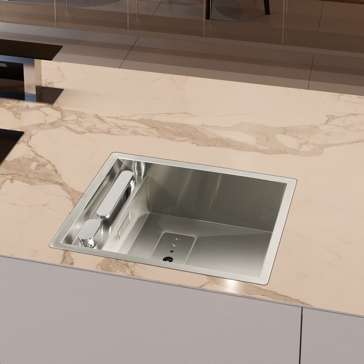 Chiuveta bucatarie inox cu baterie telescopica integrata, capac scurgere invizibil, tocator sticla temperizata + accesorii montaj, 527x447x200 mm, cod: 6006
