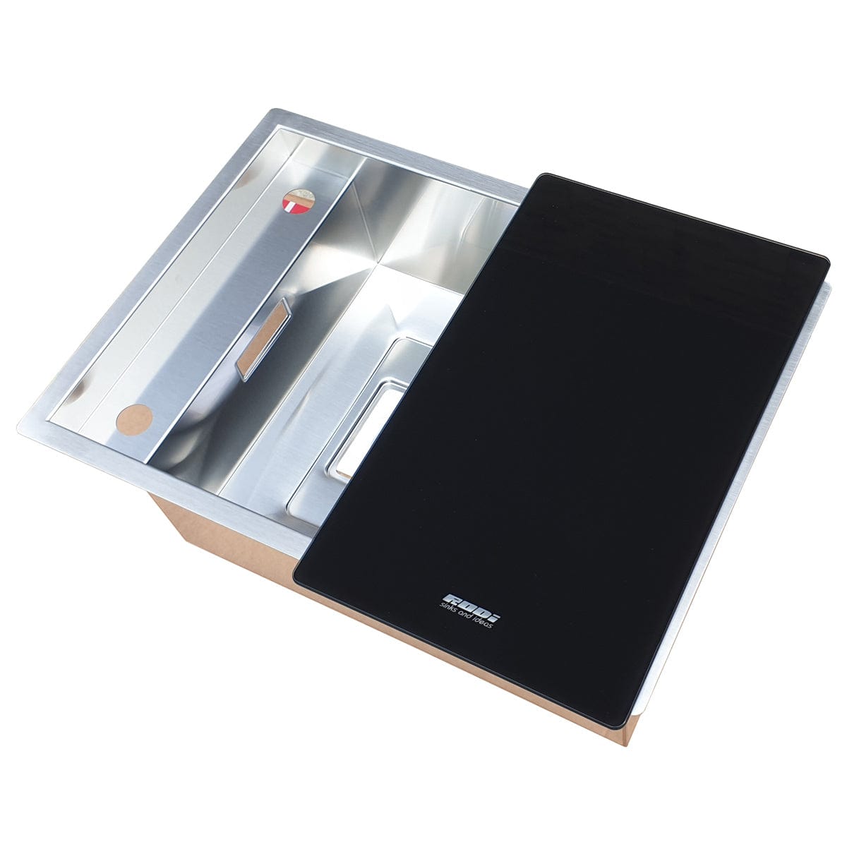 Chiuveta bucatarie inox cu baterie telescopica integrata, capac scurgere invizibil, tocator sticla temperizata + accesorii montaj, 527x447x200 mm, cod: 6006
