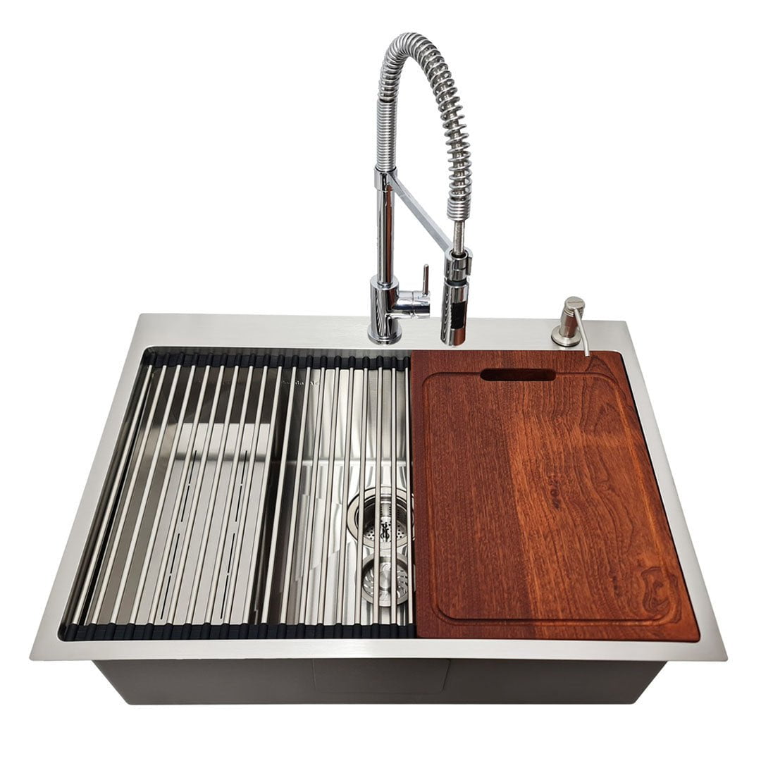 Chiuveta bucatarie inox cu dozator detergent, tavita scurgere inox, gratar rulabil inox, tocator lemn + accesorii montaj, cod: 6009