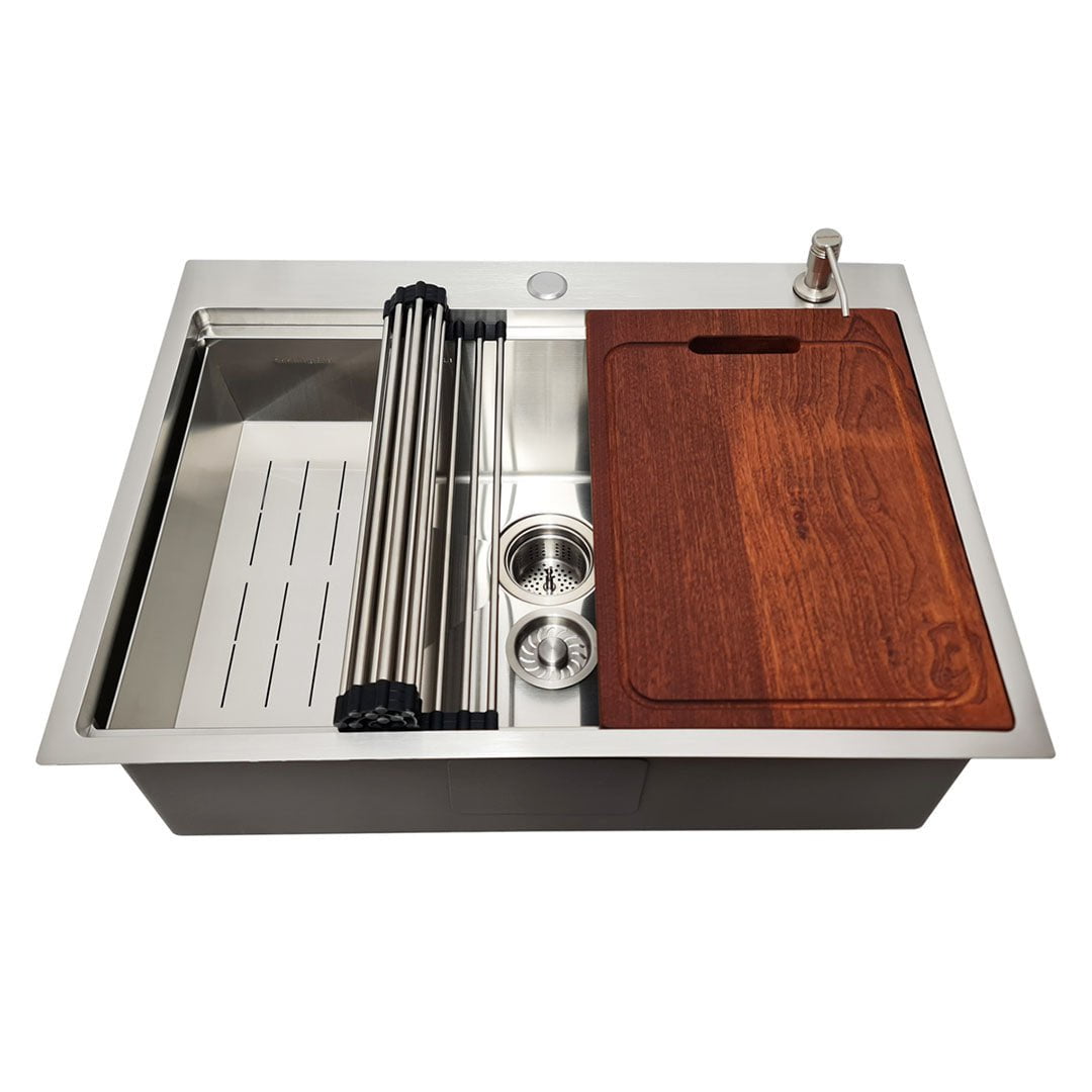 Chiuveta bucatarie inox cu dozator detergent, tavita scurgere inox, gratar rulabil inox, tocator lemn + accesorii montaj, cod: 6009
