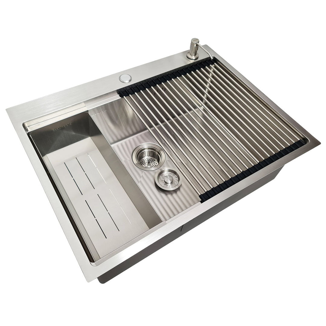 Chiuveta bucatarie inox cu dozator detergent, tavita scurgere inox, gratar rulabil inox, tocator lemn + accesorii montaj, cod: 6009
