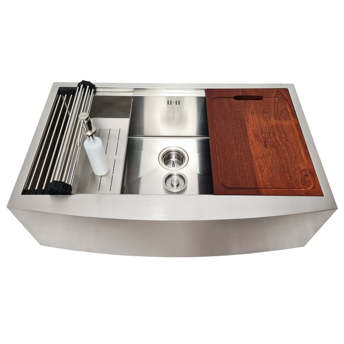 Chiuveta bucatarie inox cu front vizibil CookingAid FARMHOUSE Apron Large Workstation cu scurgator, gratar rulabil inox, dozator sapun, tocator si accesorii montaj, 838*530*254 mm