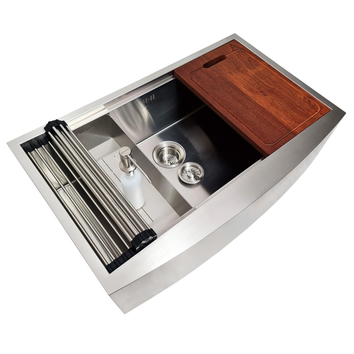 Chiuveta bucatarie inox cu front vizibil CookingAid FARMHOUSE Apron Large Workstation cu scurgator, gratar rulabil inox, dozator sapun, tocator si accesorii montaj, 838*530*254 mm