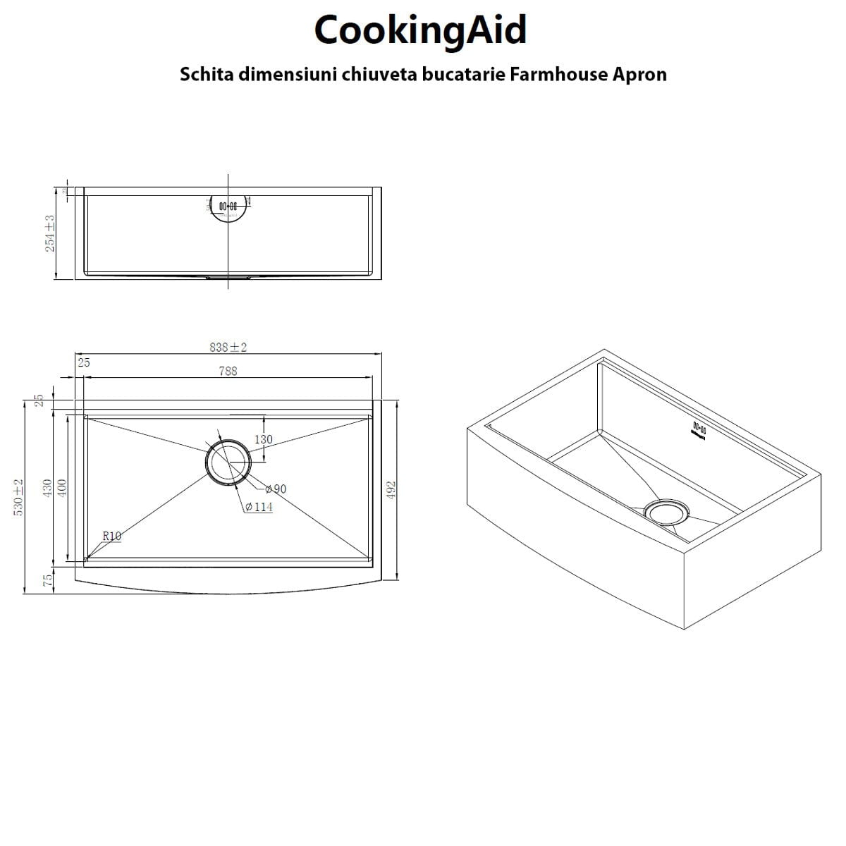 Chiuveta bucatarie inox cu front vizibil CookingAid FARMHOUSE Apron Large Workstation cu scurgator, gratar rulabil inox, dozator sapun, tocator si accesorii montaj, 838*530*254 mm