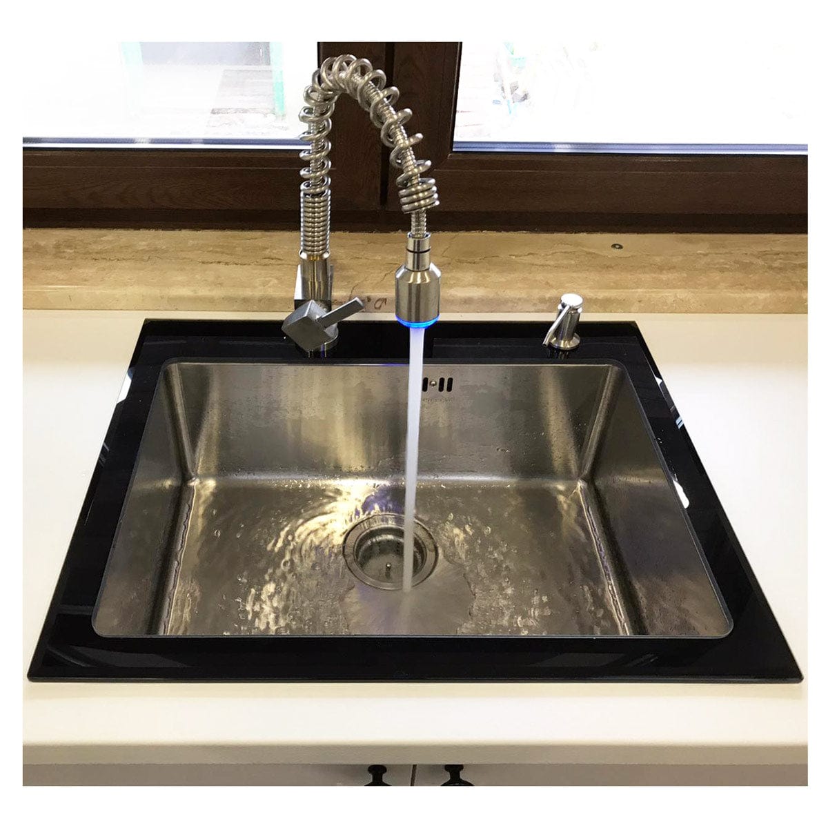 Chiuveta bucatarie inox cu tocator personalizat sticla temperizata, scurgator vase/paste/fructe, gratar rulabil inox, dozator detergent + accesorii montaj, 540x380x220 mm, cod 6015