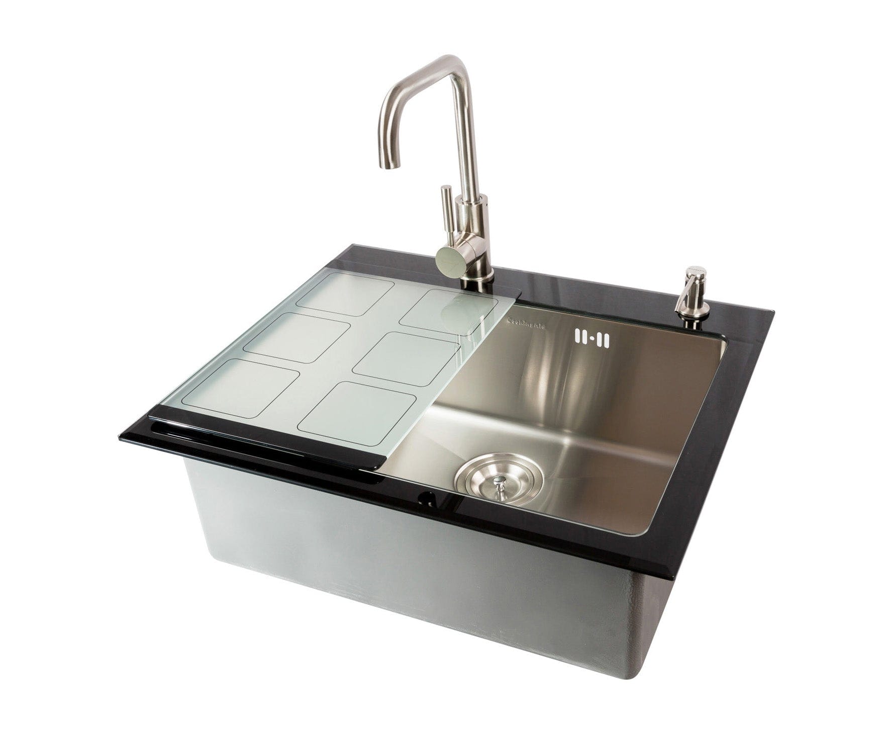 Chiuveta bucatarie inox cu tocator personalizat sticla temperizata, scurgator vase/paste/fructe, gratar rulabil inox, dozator detergent + accesorii montaj, 540x380x220 mm, cod 6015