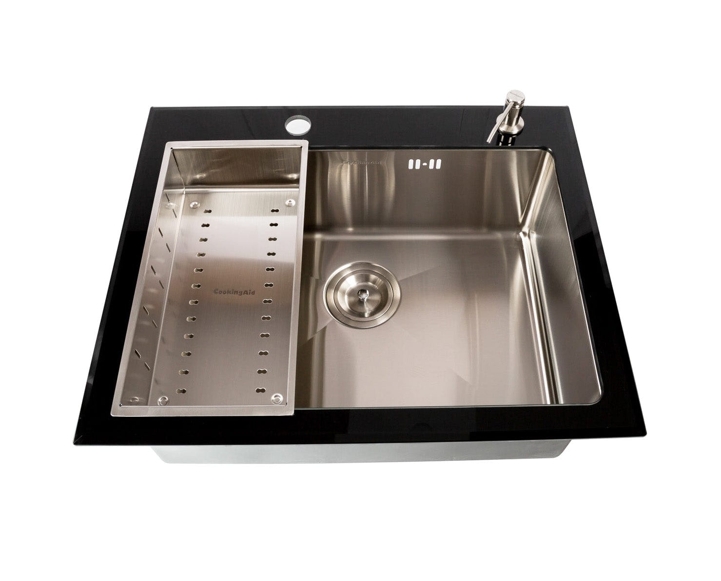 Chiuveta bucatarie inox cu tocator personalizat sticla temperizata, scurgator vase/paste/fructe, gratar rulabil inox, dozator detergent + accesorii montaj, 540x380x220 mm, cod 6015
