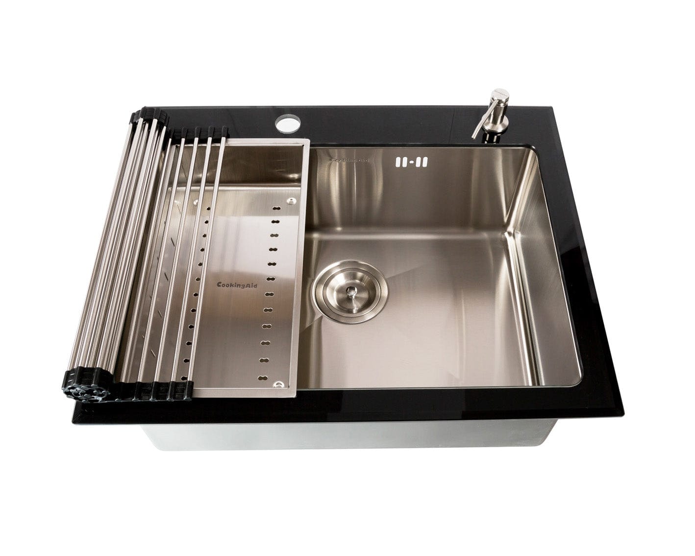 Chiuveta bucatarie inox cu tocator personalizat sticla temperizata, scurgator vase/paste/fructe, gratar rulabil inox, dozator detergent + accesorii montaj, 540x380x220 mm, cod 6015