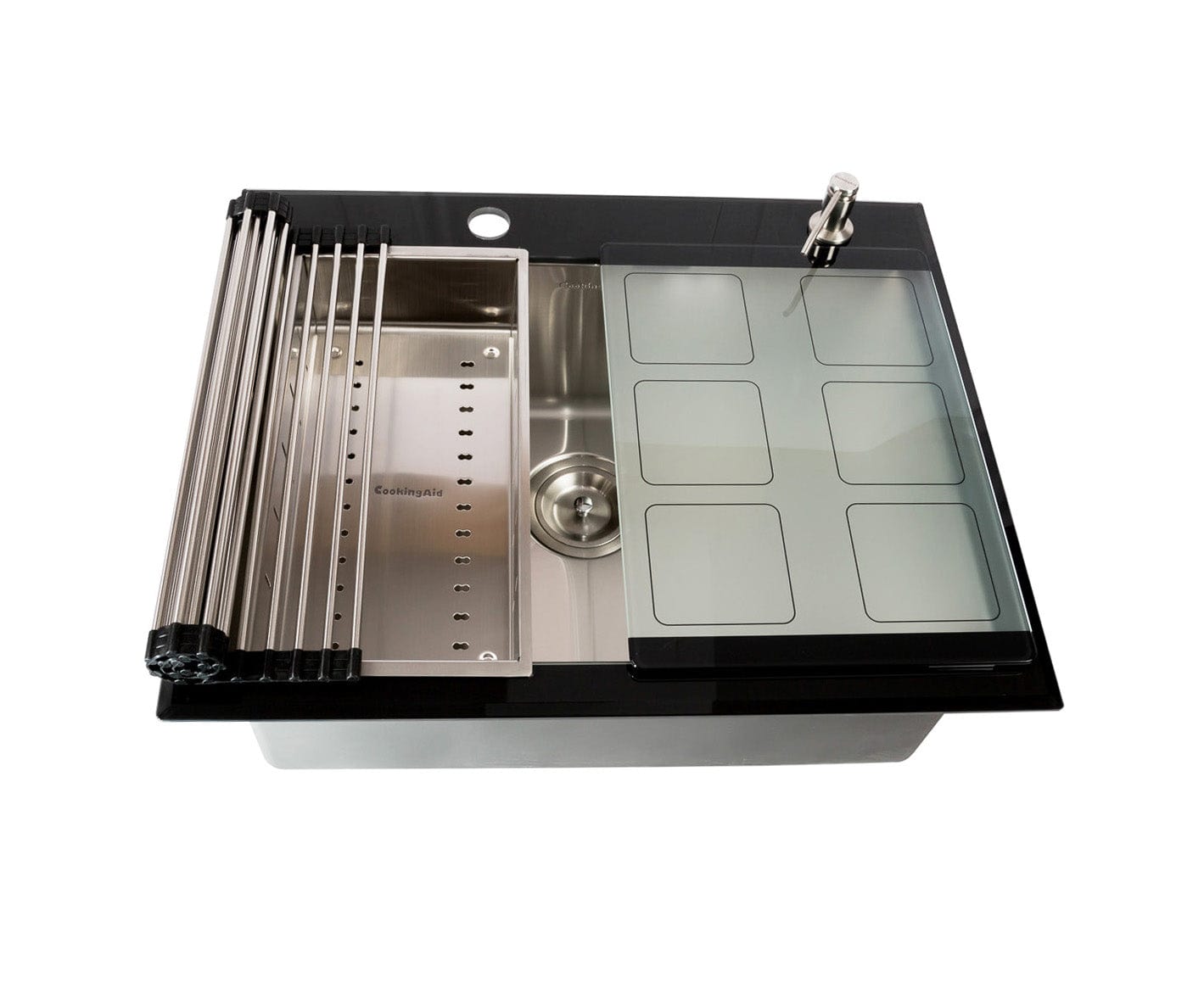 Chiuveta bucatarie inox cu tocator personalizat sticla temperizata, scurgator vase/paste/fructe, gratar rulabil inox, dozator detergent + accesorii montaj, 540x380x220 mm, cod 6015