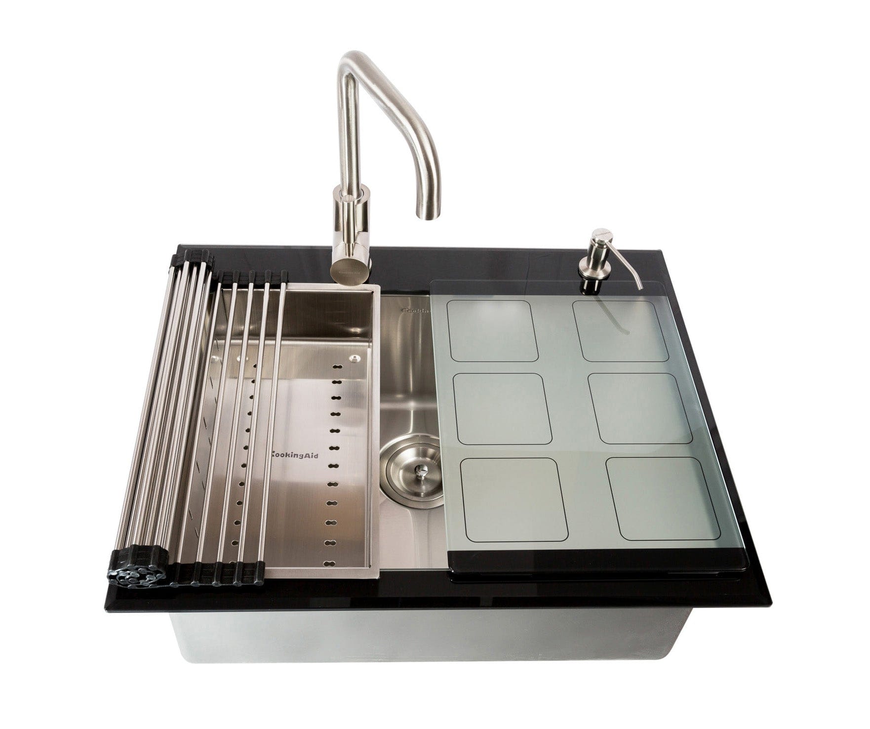 Chiuveta bucatarie inox cu tocator personalizat sticla temperizata, scurgator vase/paste/fructe, gratar rulabil inox, dozator detergent + accesorii montaj, 540x380x220 mm, cod 6015