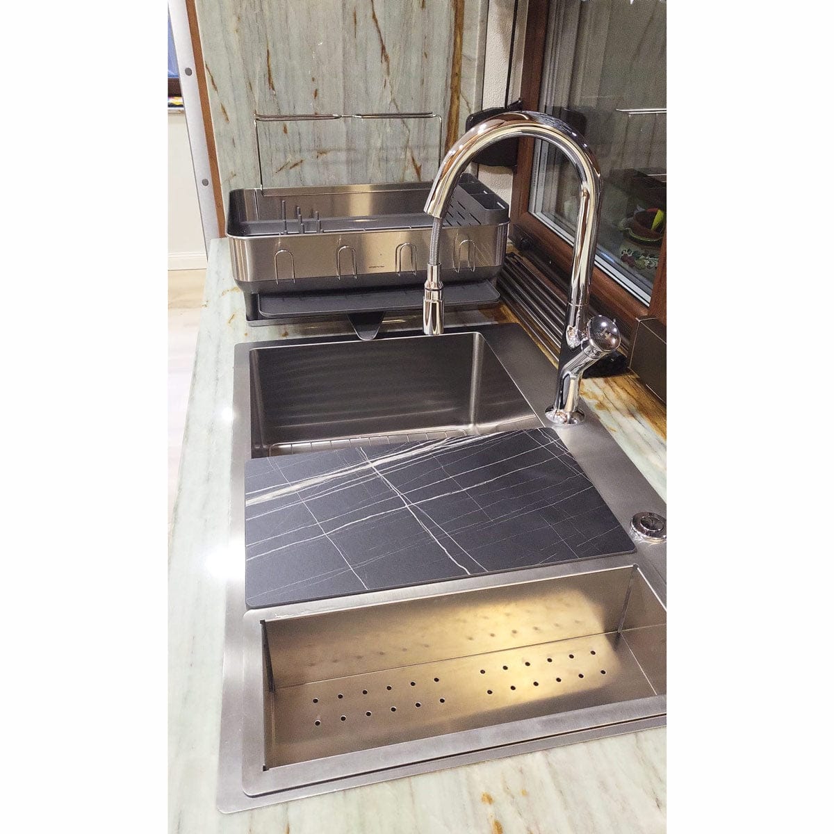 Chiuveta bucatarie inox cu ventil automat scurgere + accesorii montaj, 790x505x200 mm, cod 6016