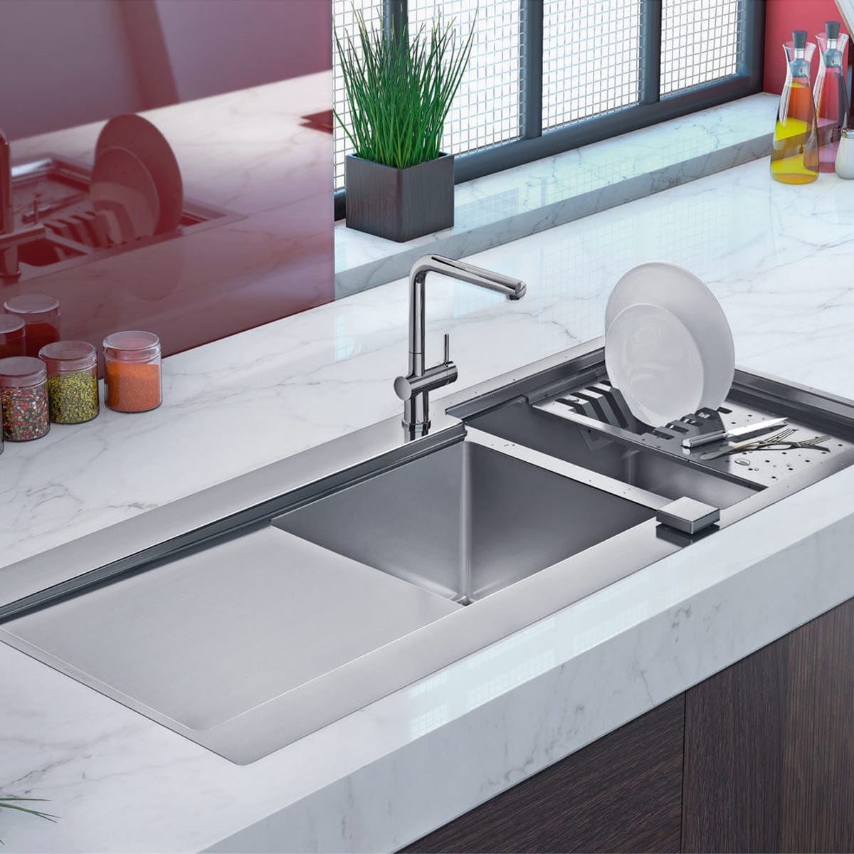 Chiuveta bucatarie inox dubla cu 2 cuve + picurator si ventil automat reversibila stanga/dreapta + accesorii montaj, 1160x500x200 mm cod 6072