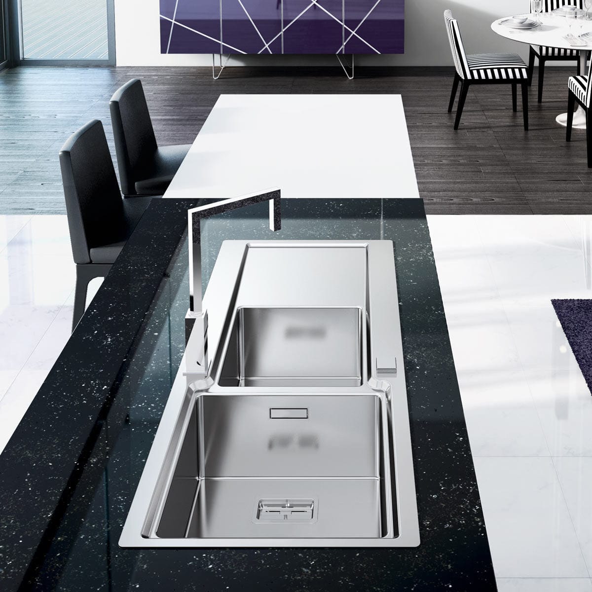 Chiuveta bucatarie inox dubla cu 2 cuve + picurator si ventil automat reversibila stanga/dreapta + accesorii montaj, 1160x500x200 mm cod 6072
