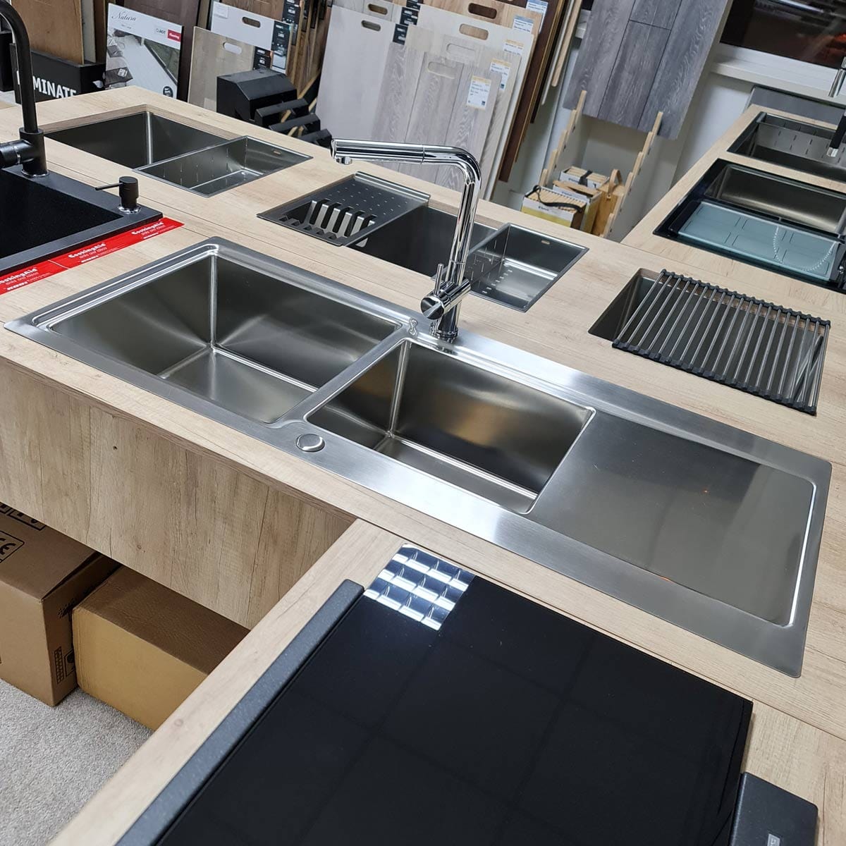 Chiuveta bucatarie inox dubla cu 2 cuve + picurator si ventil automat reversibila stanga/dreapta + accesorii montaj, 1160x500x200 mm cod 6072