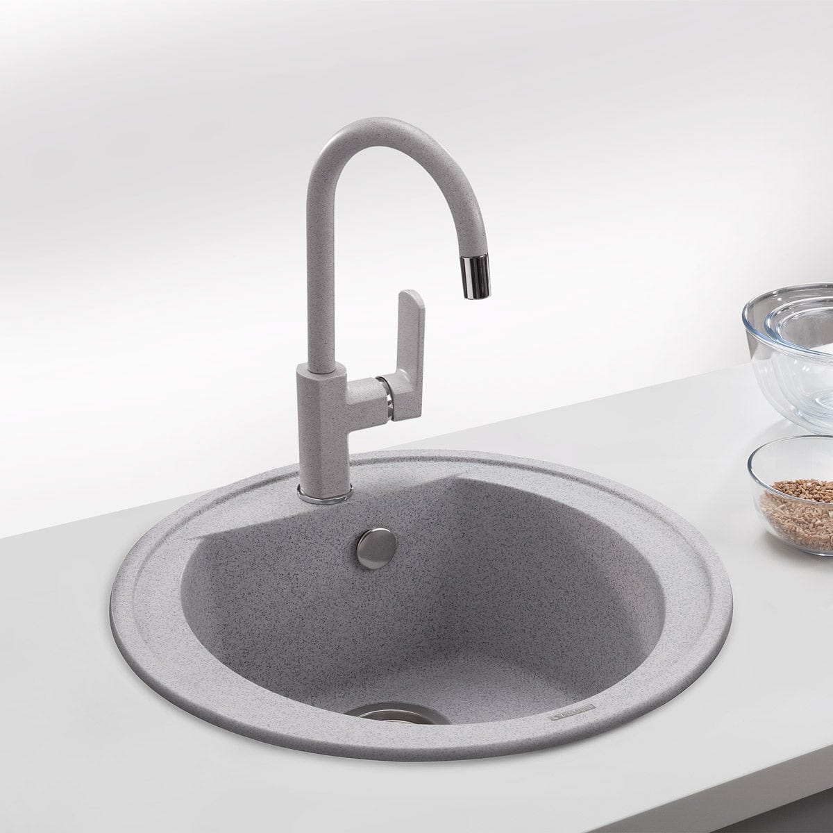 Chiuveta bucatarie rotunda granit Alba / Polar White + accesorii montaj, 510x200 mm, cod 6060