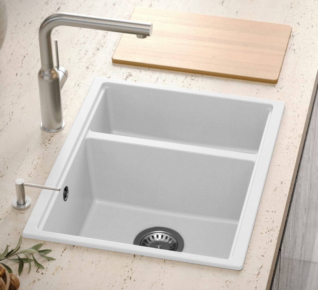 Chiuvetă din granit Logan 150 Quadron, alb, ventil auriu