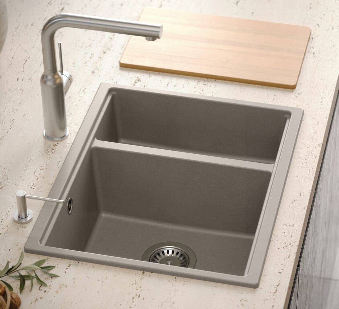 Chiuvetă din granit Logan 150 Quadron, bej, ventil auriu